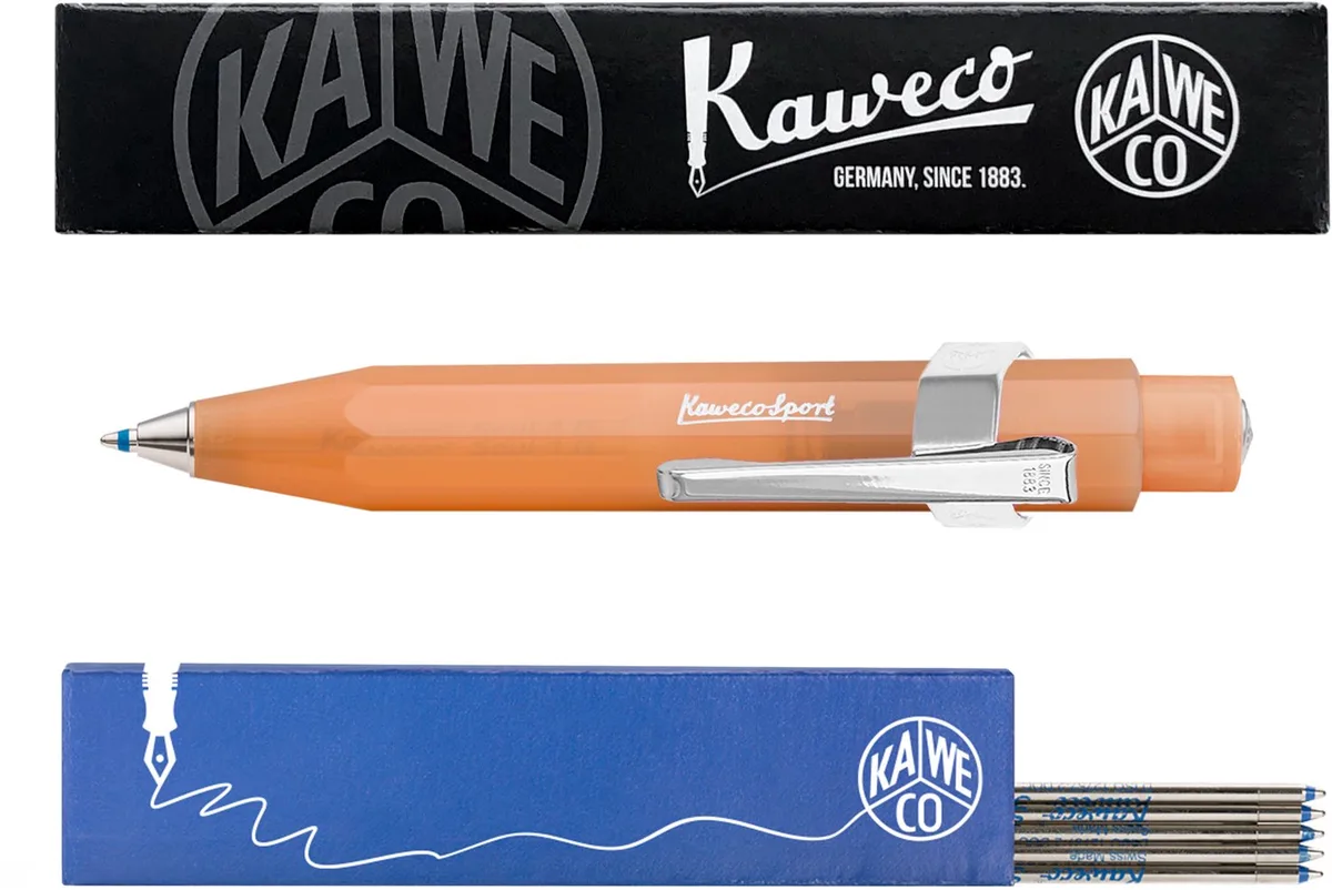 Balpen - Clip chrome - Frost - Mandarin - Doosje Blauwe balpen vullingen fra Kaweco i Orange – produktbillede