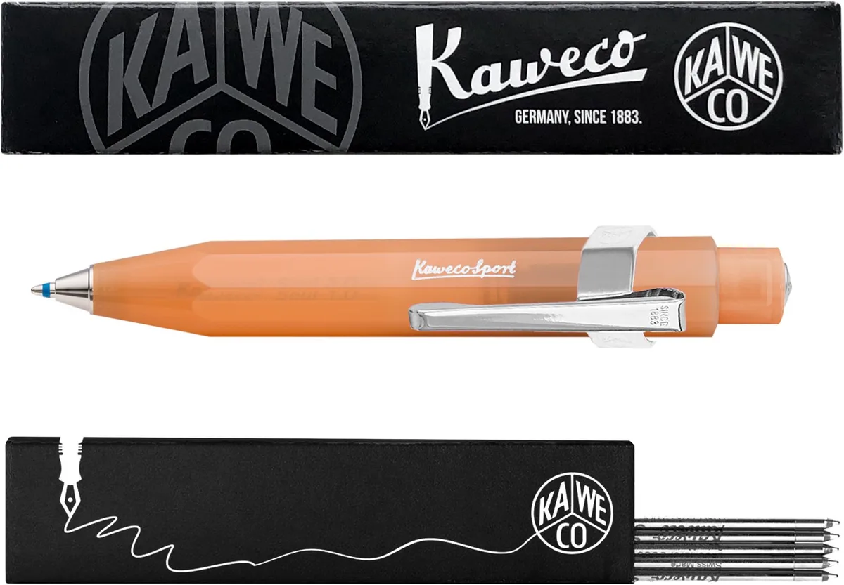 Balpen - Clip chrome - Frost - Mandarin - Doosje Zwarte balpen vullingen fra Kaweco i Orange – produktbillede