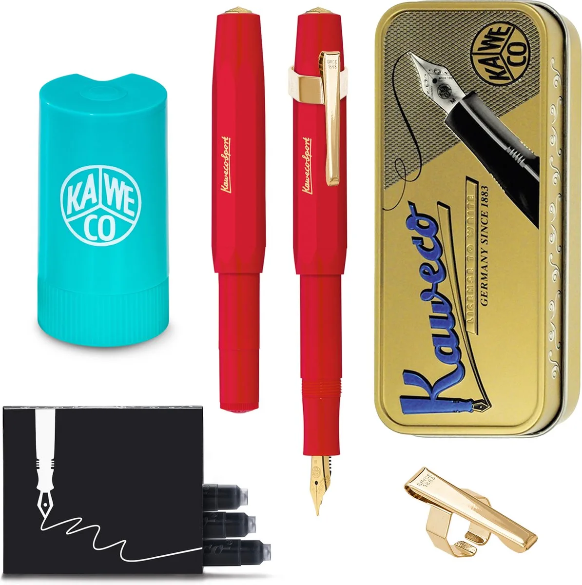 Cadeauset - (5delig) - Vulpen CLASSIC SPORT Fountain Pen - Breed - Vintage blikje - Oktogonal Clip Vergoldet - Patronen houder TURKOISE - Vullingen van Kaweco in Rood – productfoto