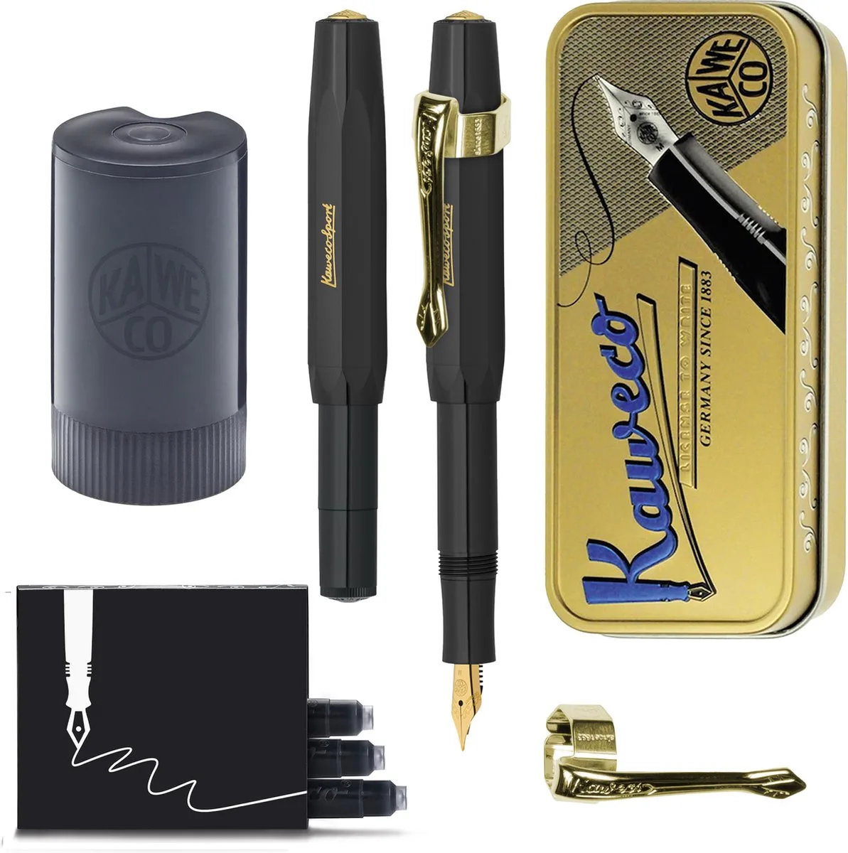 Cadeauset - (5delig) - Vulpen CLASSIC SPORT Fountain Pen - Breed - Vintage blikje - Nostalgie Oktogonal Clip Vergoldet - Patronen houder - Vullingen van Kaweco in Zwart – productfoto