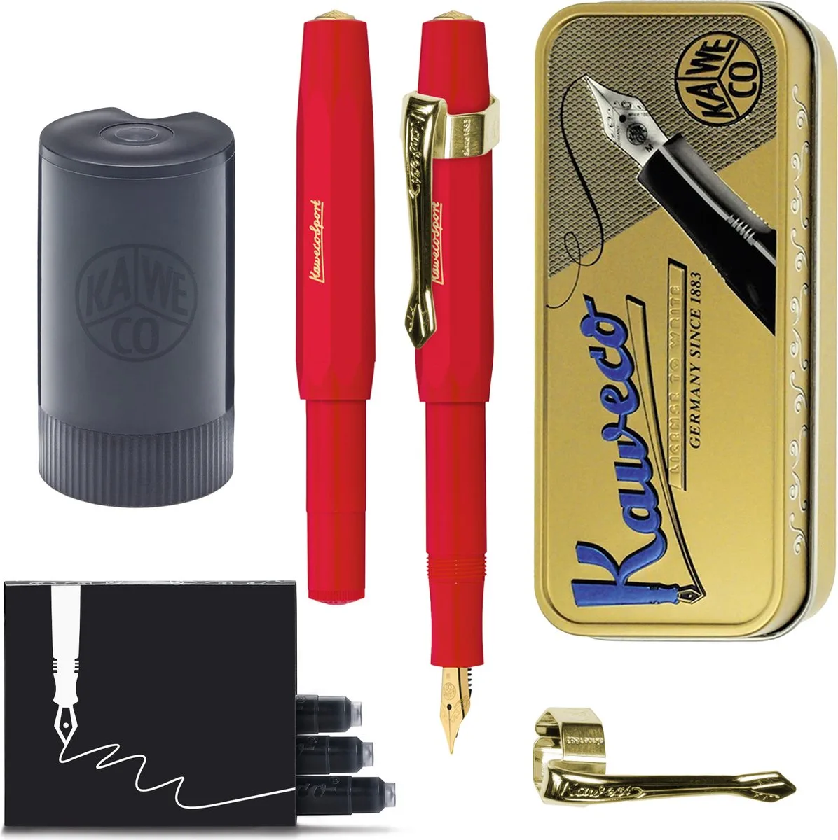 Cadeauset - (5delig) - Vulpen CLASSIC SPORT Fountain Pen - Breed - Vintage blikje - Nostalgie Oktogonal Clip Vergoldet - Patronen houder - Vullingen van Kaweco in Rood – productfoto