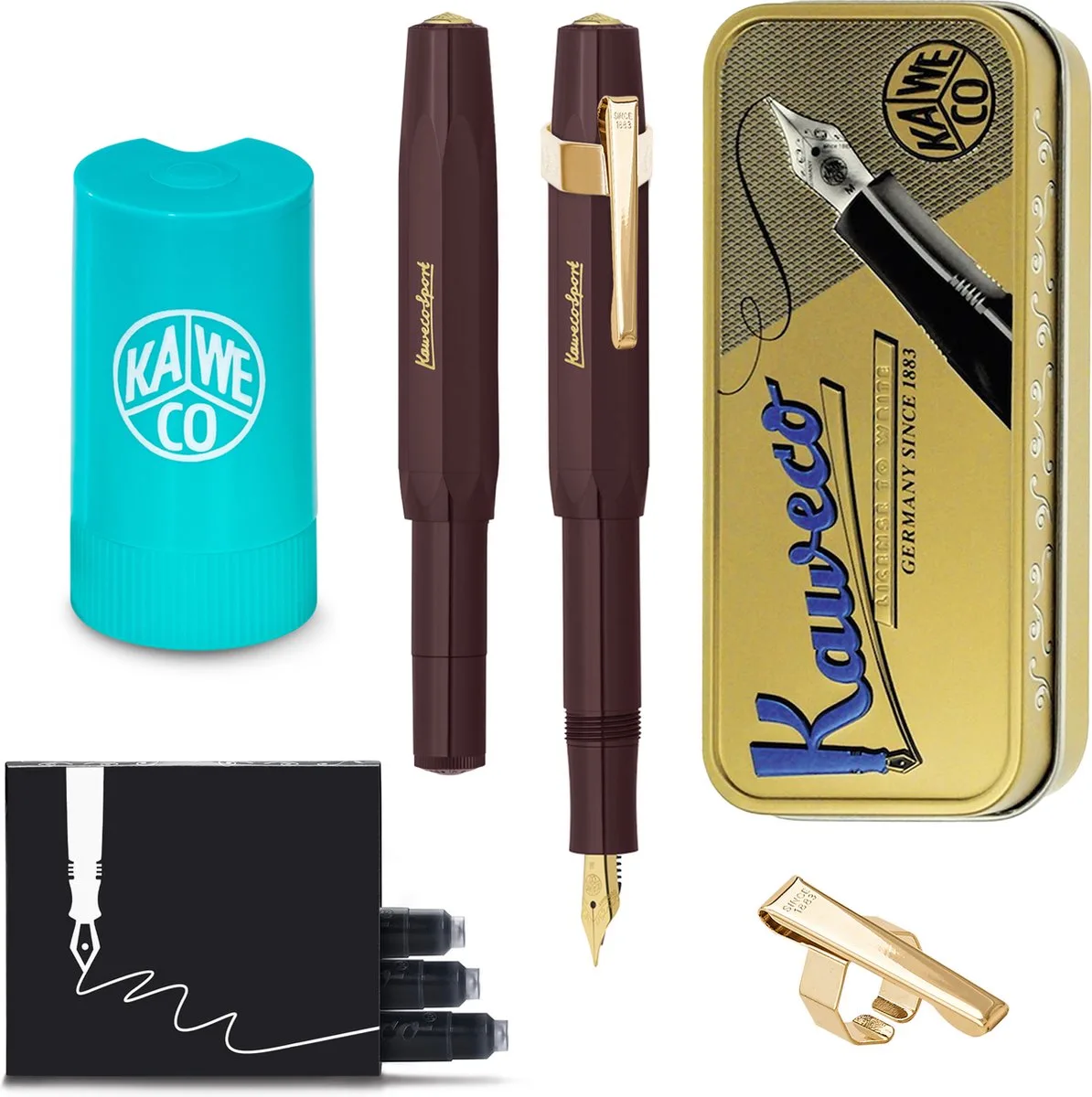 Cadeauset - (5delig) - Vulpen CLASSIC SPORT Fountain Pen - Breed - Vintage blikje - Oktogonal Clip Vergoldet - Patronen houder TURKOISE - Vullingen van Kaweco in Bordeaux – productfoto