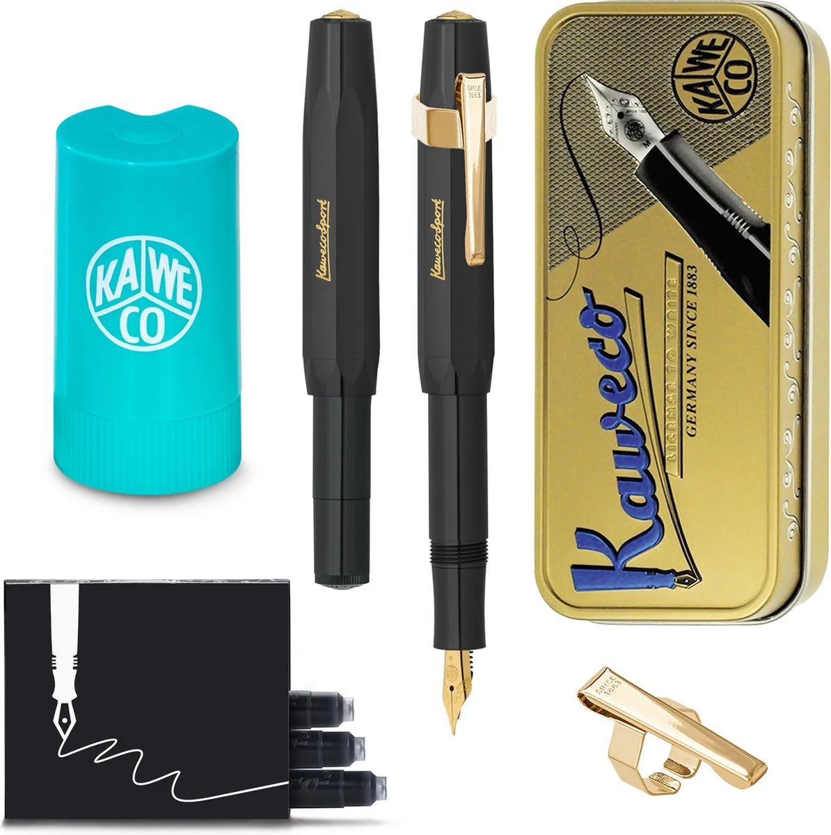 Cadeauset - (5delig) - Vulpen CLASSIC SPORT Fountain Pen - Breed - Vintage blikje - Oktogonal Clip Vergoldet - Patronen houder TURKOISE - Vullingen van Kaweco in Zwart – productfoto