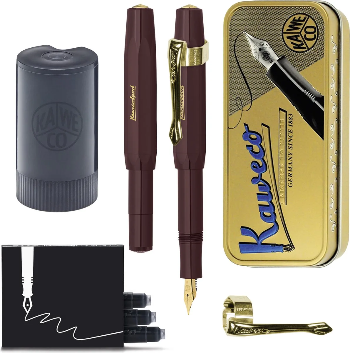 Cadeauset - (5delig) - Vulpen CLASSIC SPORT Fountain Pen - Extra Breed - Vintage blikje - Nostalgie Oktogonal Clip Vergoldet - Patronen houder - Vullingen van Kaweco in Bordeaux – productfoto