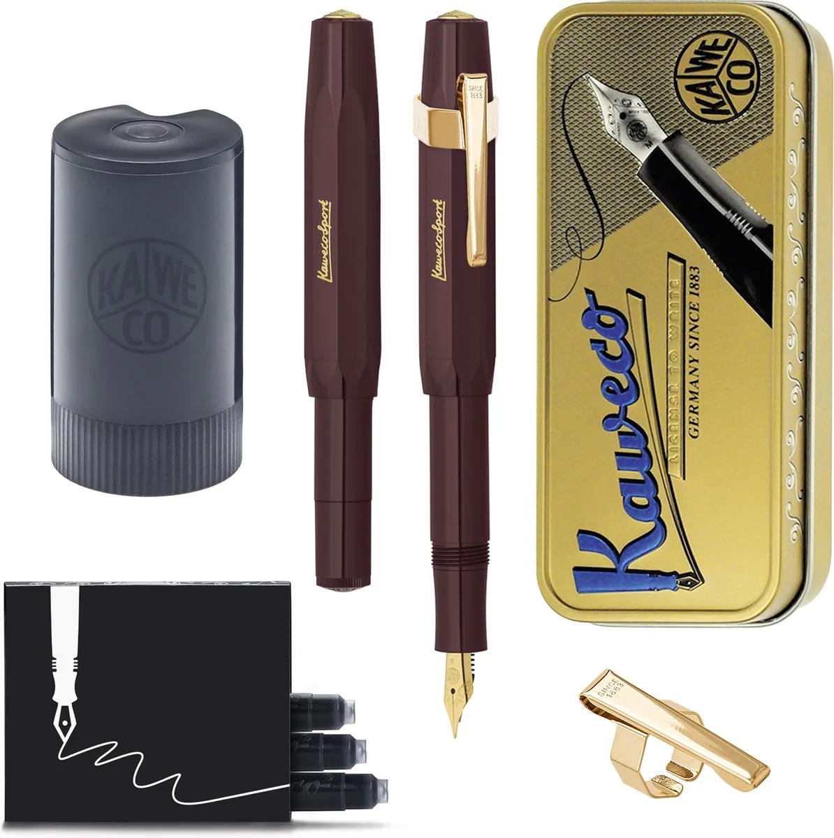 Cadeauset - (5delig) - Vulpen CLASSIC SPORT Fountain Pen - Extra Breed - Vintage blikje - Oktogonal Clip Vergoldet - Patronen houder zwart - Vullingen van Kaweco in Bordeaux – productfoto