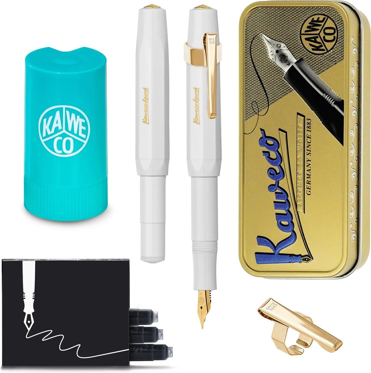 Cadeauset - (5delig) - Vulpen CLASSIC SPORT Fountain Pen - Extra Breed - Vintage blikje - Oktogonal Clip Vergoldet - Patronen houder TURKOISE - Vullingen van Kaweco in Wit – productfoto