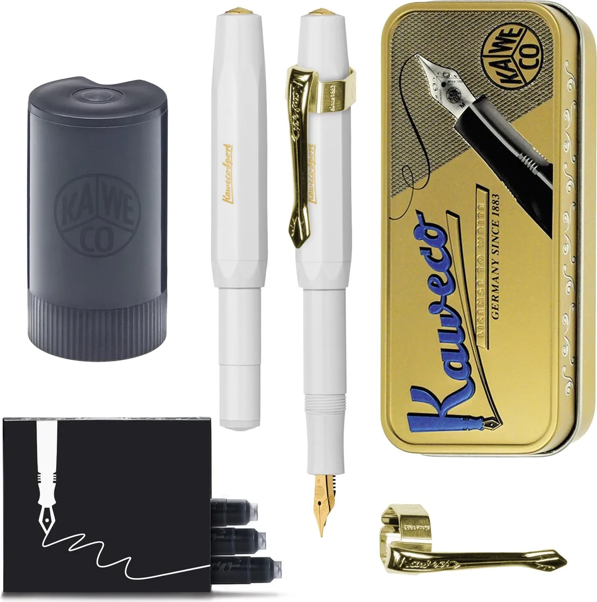 Cadeauset - (5delig) - Vulpen CLASSIC SPORT Fountain Pen - Extra Fine - Vintage blikje - Nostalgie Oktogonal Clip Vergoldet - Patronen houder - Vullingen de Kaweco en Blanc – photo produit