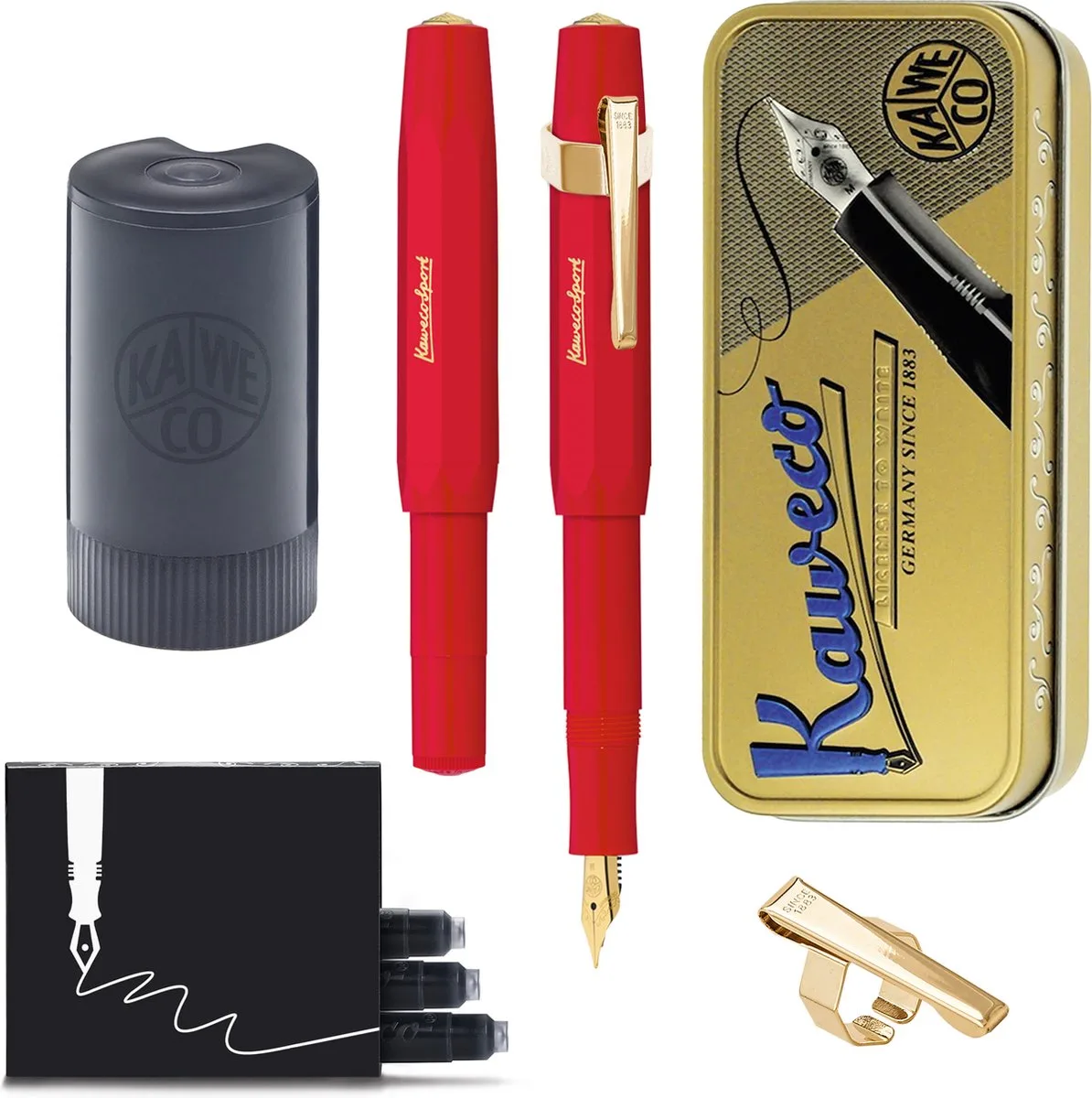 Cadeauset - (5delig) - Vulpen CLASSIC SPORT Fountain Pen - Extra Fine - Vintage blikje - Oktogonal Clip Vergoldet - Patronen houder zwart - Vullingen van Kaweco in Rood – productfoto