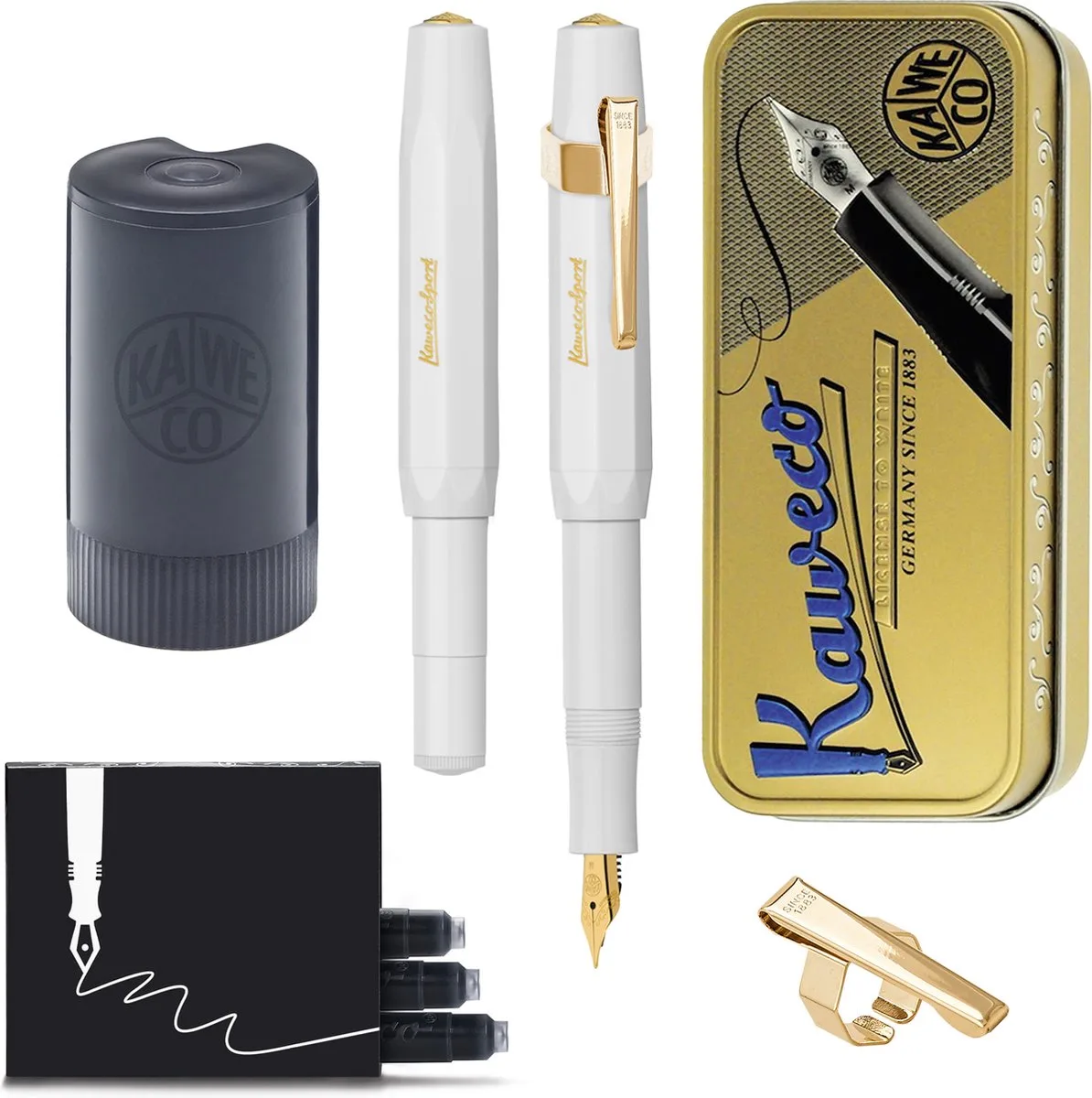 Cadeauset - (5delig) - Vulpen CLASSIC SPORT Fountain Pen - Extra Fine - Vintage blikje - Oktogonal Clip Vergoldet - Patronen houder zwart - Vullingen van Kaweco in Wit – productfoto