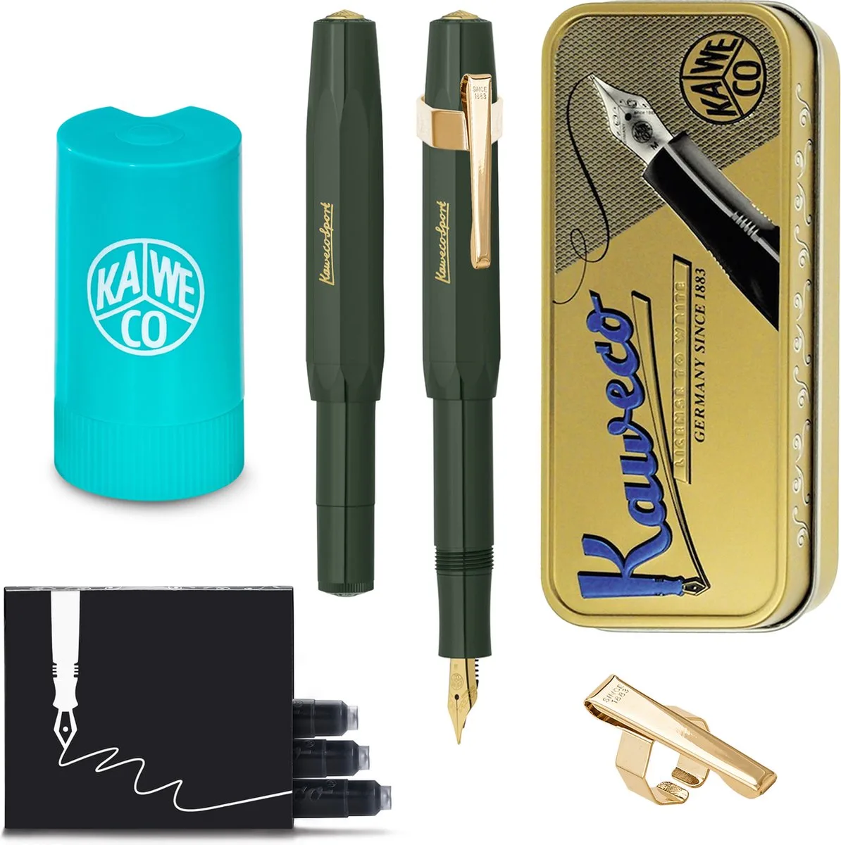 Cadeauset - (5delig) - Vulpen CLASSIC SPORT Fountain Pen - Extra Fine - Vintage blikje - Oktogonal Clip Vergoldet - Patronen houder TURKOISE - Vullingen van Kaweco in Groen – productfoto