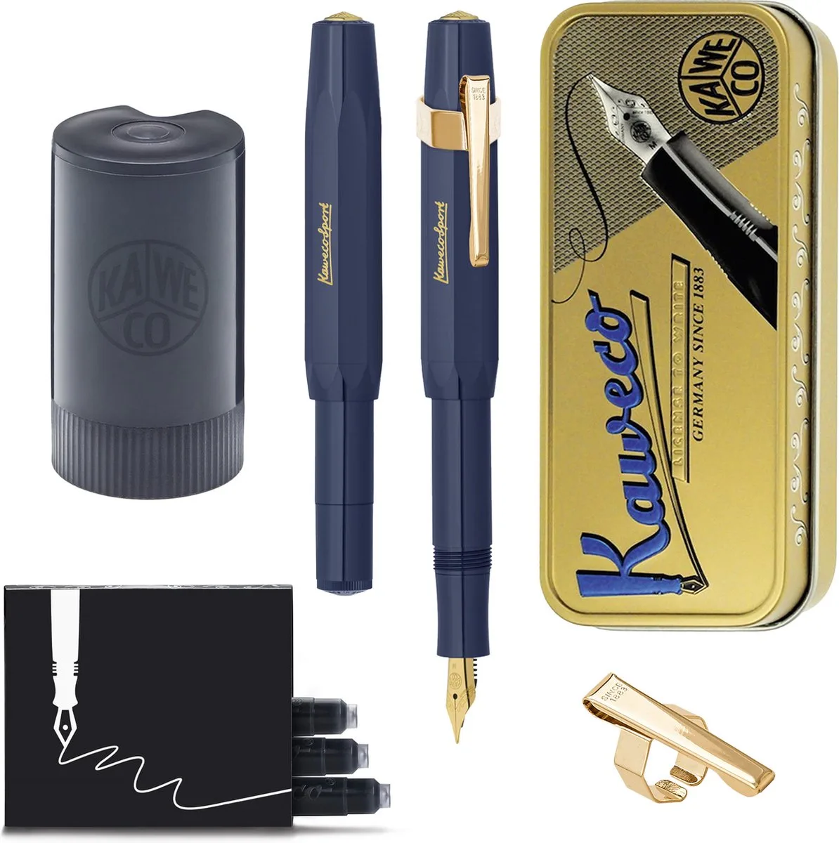 Cadeauset - (5delig) - Vulpen CLASSIC SPORT NAVY Fountain Pen - Breed - Vintage blikje - Oktogonal Clip Vergoldet - Patronen houder zwart - Vullingen van Kaweco in Blauw – productfoto