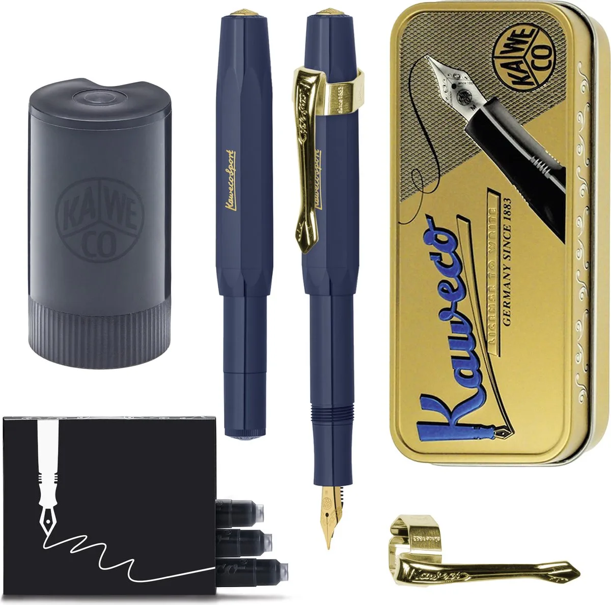 Cadeauset - (5delig) - Vulpen CLASSIC SPORT NAVY Fountain Pen - Extra Breed - Vintage blikje - Nostalgie Oktogonal Clip Vergoldet - Patronen houder - Vullingen de Kaweco en Bleu – photo produit