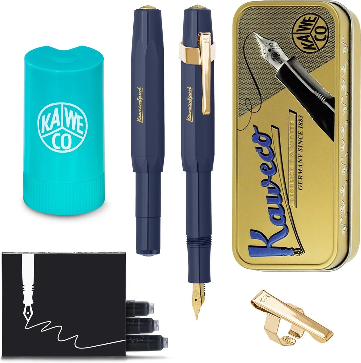 Cadeauset - (5delig) - Vulpen CLASSIC SPORT NAVY Fountain Pen - Medium - Vintage blikje - Oktogonal Clip Vergoldet - Patronen houder TURKOISE - Vullingen de Kaweco en Bleu – photo produit