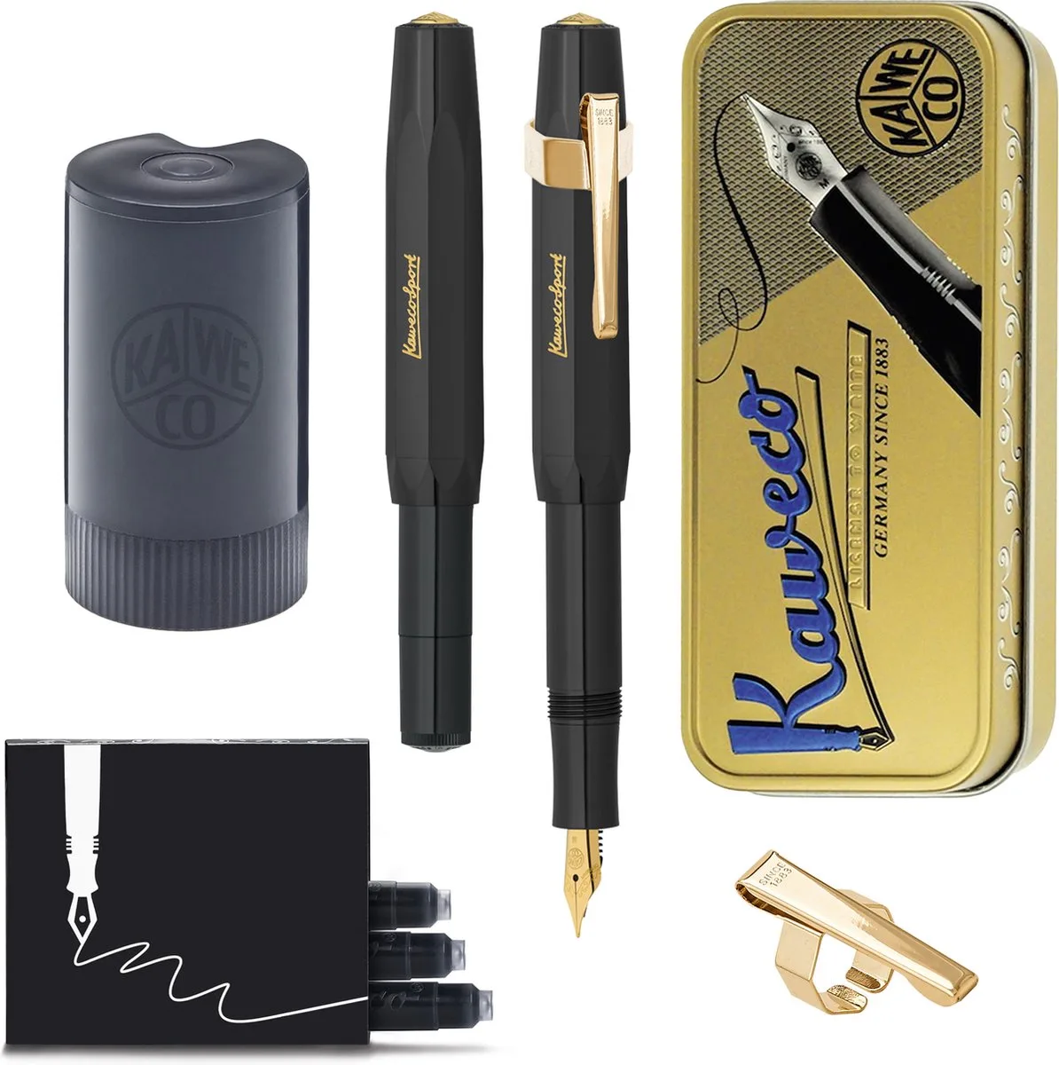 Cadeauset - (5delig) - Vulpen CLASSIC SPORT ZWART Fountain Pen - Fine - Vintage blikje - Oktogonal Clip Vergoldet - Patronen houder zwart - Vullingen de Kaweco en Noir – photo produit