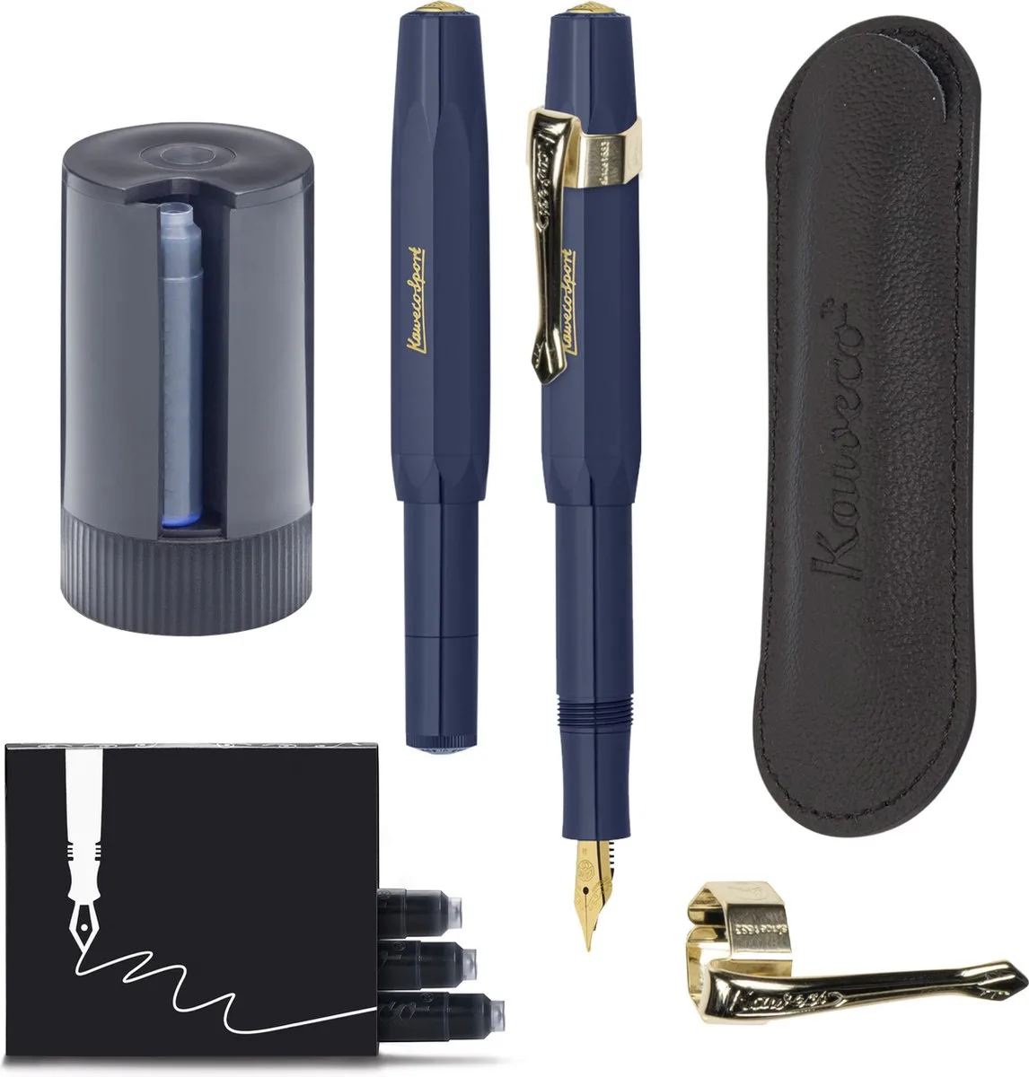 Cadeauset - 5delig - Vulpen Extra Breed (BB) - Sport Classic - Nostalgie Oktogonal Clip Vergoldet - etui Leer Zwart - Twister patronen - Doosje vullingen fra Kaweco i Mørkeblå – produktbillede
