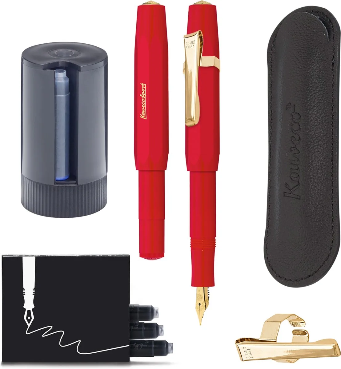 Cadeauset - 5delig - Vulpen Extra Fine (EF) - Sport Classic - 8 Shape Clip Gold - etui Leer Zwart - Twister patronen - Doosje vullingen fra Kaweco i Rød – produktbillede