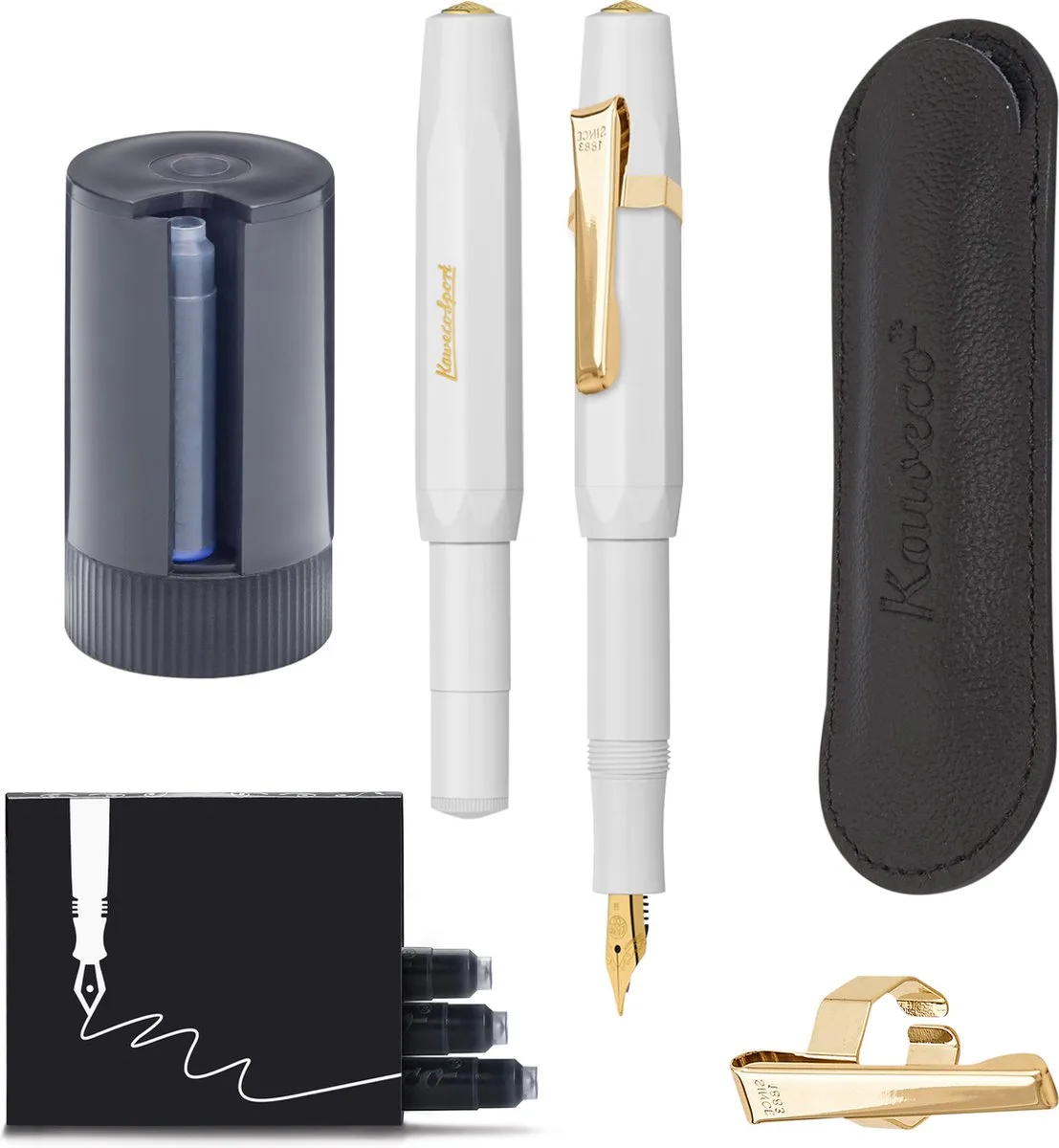 Cadeauset - 5delig - Vulpen Extra Fine (EF) - Sport Classic - 8 Shape Clip Gold - etui Leer Zwart - Twister patronen - Doosje vullingen fra Kaweco i Hvid – produktbillede