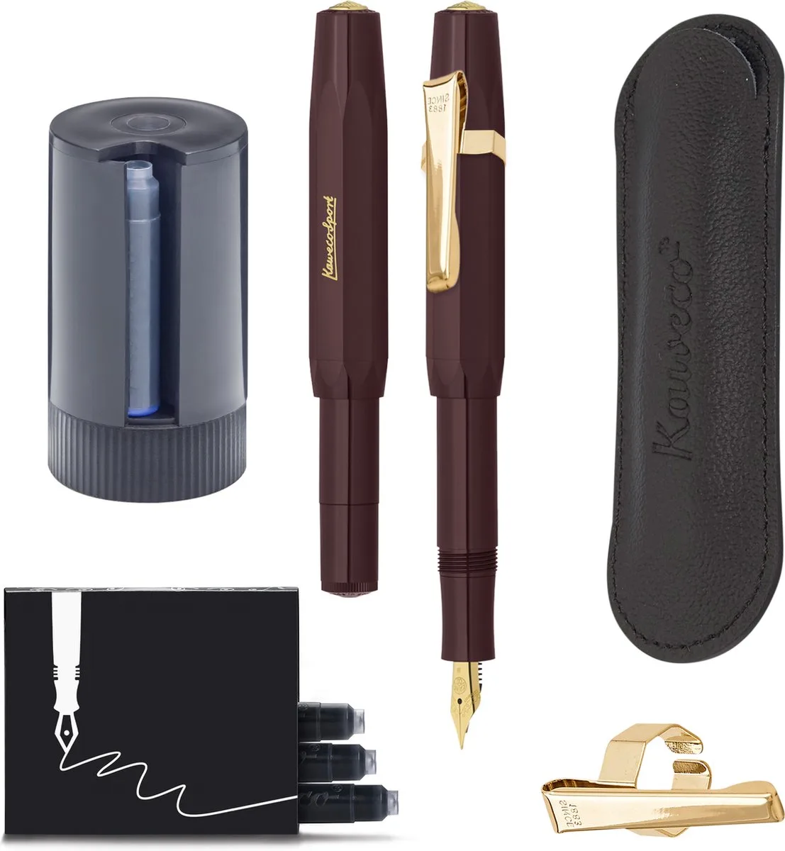 Cadeauset - 5delig - Vulpen Extra Fine (EF) - Sport Classic - 8 Shape Clip Gold - etui Leer Zwart - Twister patronen - Doosje vullingen fra Kaweco i Burgundy – produktbillede