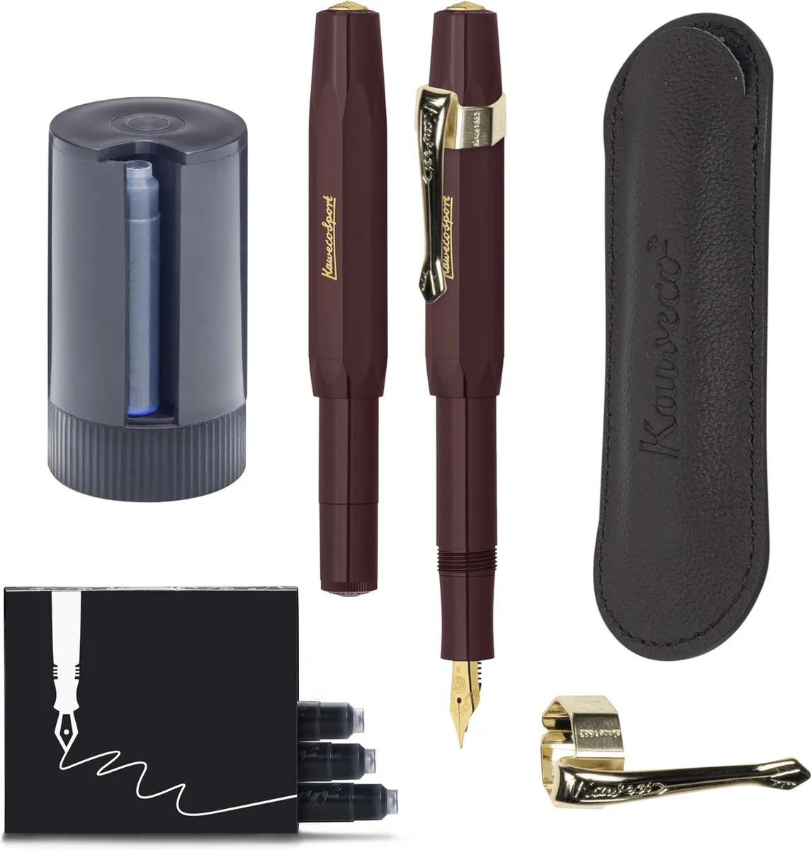 Cadeauset - 5delig - Vulpen Extra Fine (EF) - Sport Classic - Nostalgie Oktogonal Clip Vergoldet - etui Leer Zwart - Twister patronen - Doosje vullingen fra Kaweco i Burgundy – produktbillede