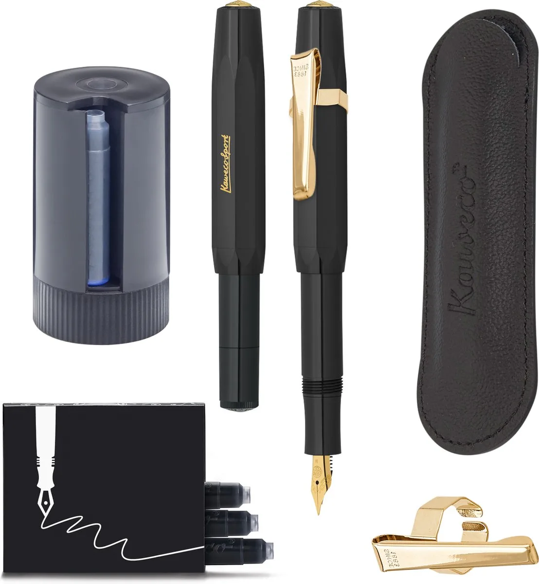 Cadeauset - 5delig - Vulpen Extra Fine (EF) - Sport Classic Zwart - 8 Shape Clip Gold - etui Leer Zwart - Twister patronen - Doosje vullingen fra Kaweco i Sort – produktbillede