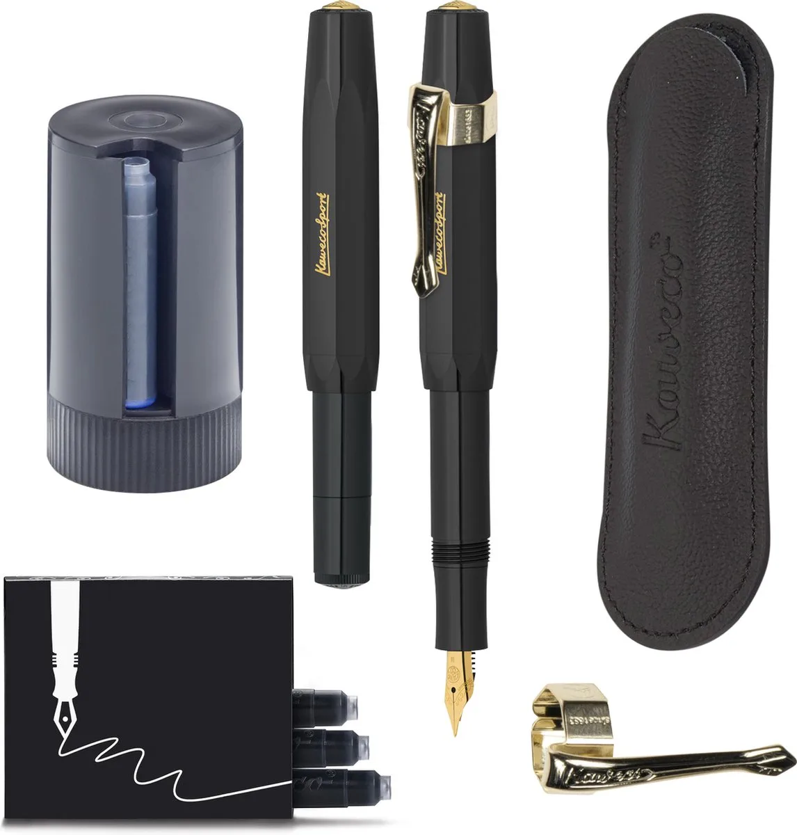 Cadeauset - 5delig - Vulpen Extra Fine (EF) - Sport Classic Zwart - Nostalgie Oktogonal Clip Vergoldet - etui Leer Zwart - Twister patronen - Doosje vullingen fra Kaweco i Sort – produktbillede