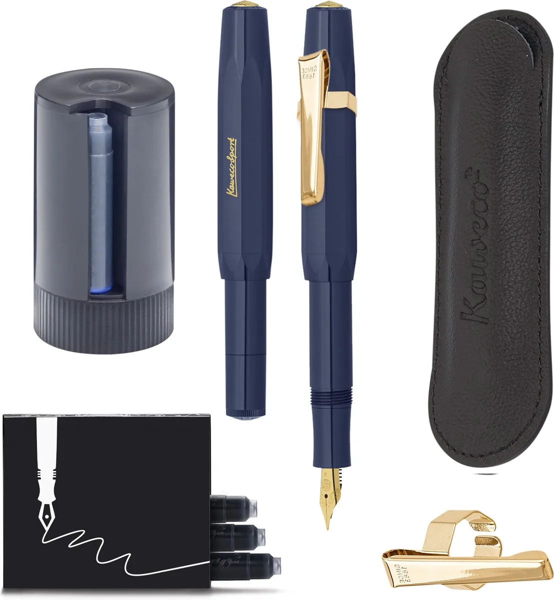 Cadeauset - 5delig - Vulpen Fine (F) - Sport Classic - 8 Shape Clip Gold - etui Leer Zwart - Twister patronen - Doosje vullingen fra Kaweco i Mørkeblå – produktbillede