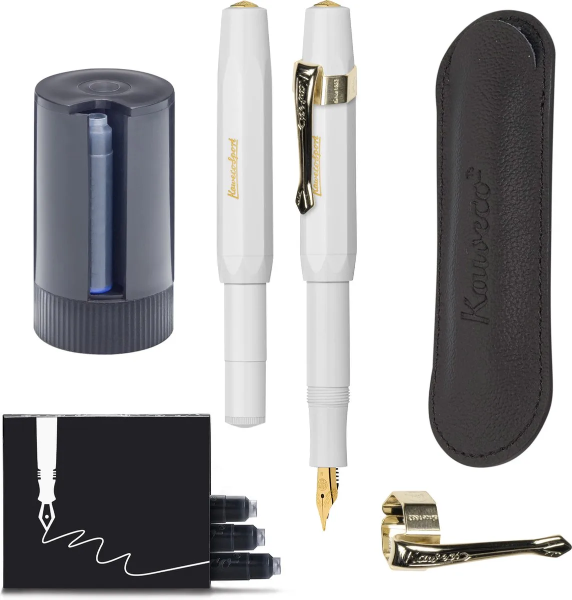 Cadeauset - 5delig - Vulpen Fine (F) - Sport Classic - Nostalgie Oktogonal Clip Vergoldet - etui Leer Zwart - Twister patronen - Doosje vullingen fra Kaweco i Hvid – produktbillede