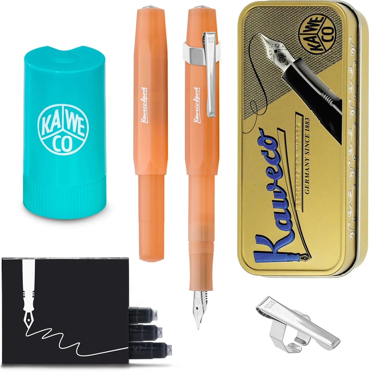Cadeauset - (5delig) - Vulpen FROSTED SPORT MANDARIN Fountain Pen - Extra Fine - Vintage blikje - Oktogonal Clip Chrome - Patronen houder TURKOISE - Vullingen fra Kaweco i Orange – produktbillede