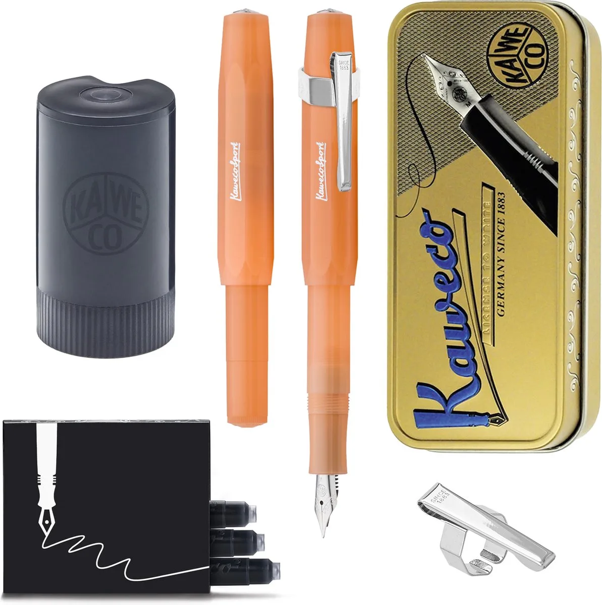 Cadeauset - (5delig) - Vulpen FROSTED SPORT MANDARIN Fountain Pen - Medium - Vintage blikje - Oktogonal Clip Chrome - Patronen houder zwart - Vullingen de Kaweco en Orange – photo produit