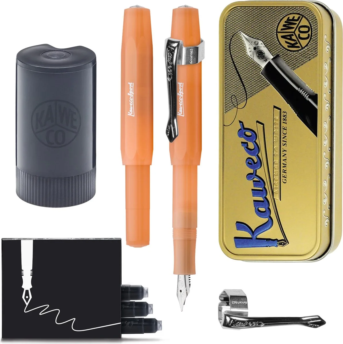 Cadeauset - (5delig) - Vulpen FROSTED SPORT MANDARIN Fountain Pen - Extra Breed - Vintage blikje - Nostalgic Octagonal Clip Chrome - Patronen houder - Vullingen fra Kaweco i Orange – produktbillede