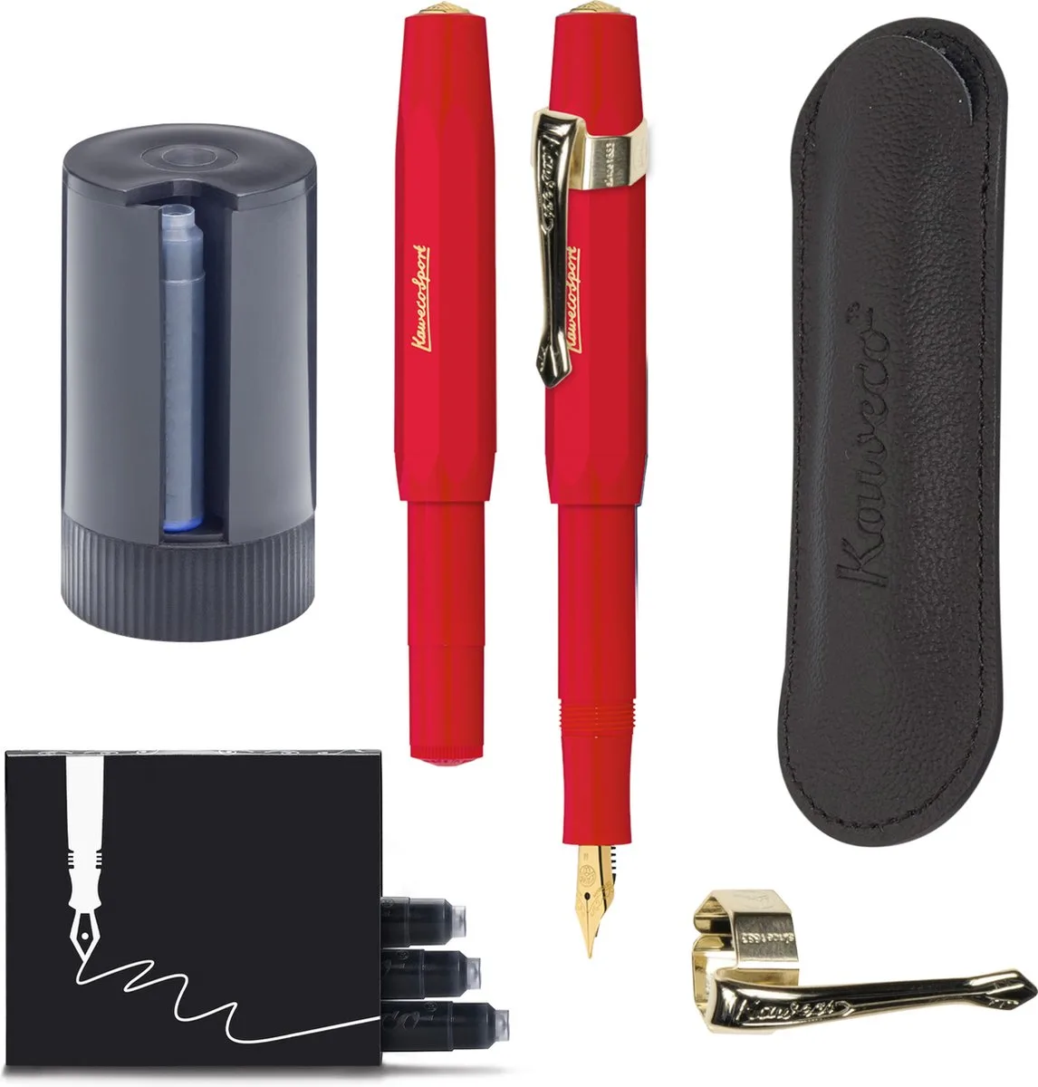 Cadeauset - 5delig - Vulpen Medium (M) - Sport Classic - Nostalgie Oktogonal Clip Vergoldet - etui Leer Zwart - Twister patronen - Doosje vullingen fra Kaweco i Rød – produktbillede