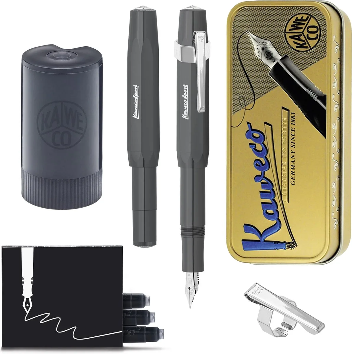 Cadeauset - (5delig) - Vulpen Sport Skyline Fountain Pen - Breed - Oktogonal Clip Chrome - Patronen houder zwart - Vullingen fra Kaweco i Grå – produktbillede