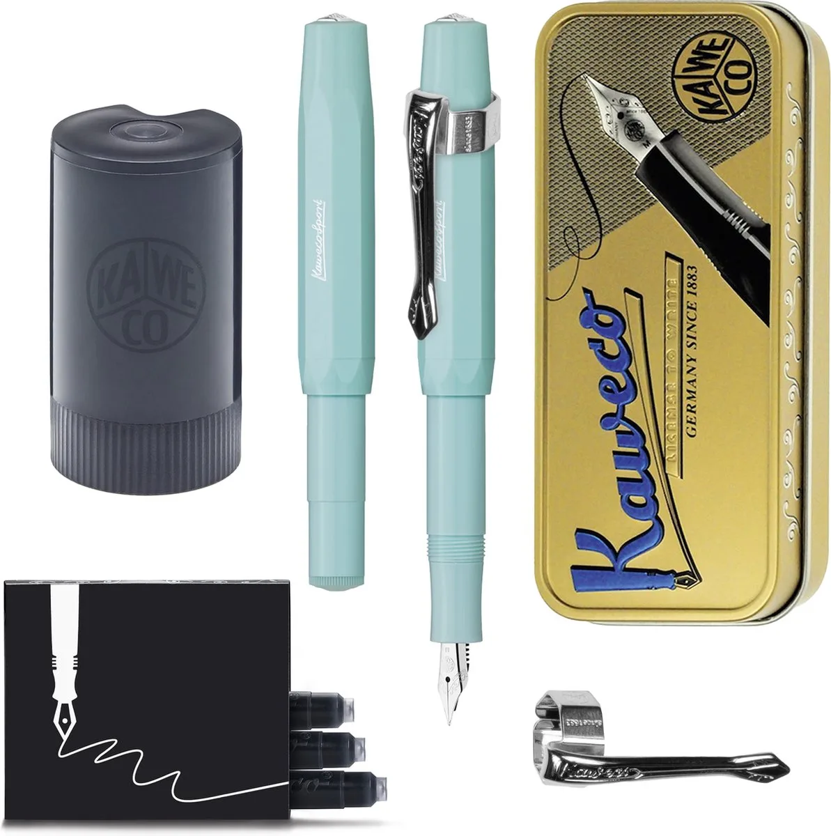 Cadeauset - (5delig) - Vulpen Sport Skyline Fountain Pen - Breed - Vintage blikje - Nostalgic Octagonal Clip Chrome - Gevulde Inkt Patronen houder - Doosje Vullingen de Kaweco en Mint – photo produit