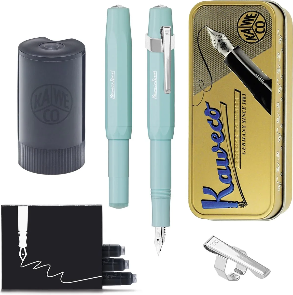 Cadeauset - (5delig) - Vulpen Sport Skyline Fountain Pen - Extra Fine - Oktogonal Clip Chrome - Patronen houder zwart - Vullingen fra Kaweco i Mint – produktbillede
