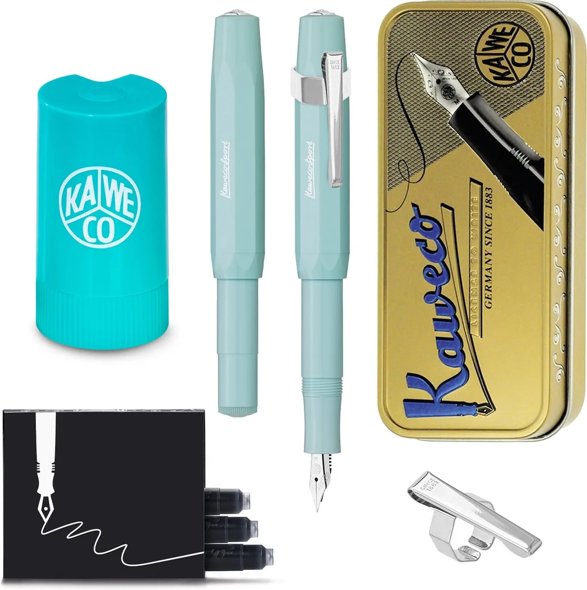 Cadeauset - (5delig) - Vulpen Sport Skyline Fountain Pen - Medium - Oktogonal Clip Chrome - Patronen houder TURKOISE - Vullingen fra Kaweco i Mint – produktbillede