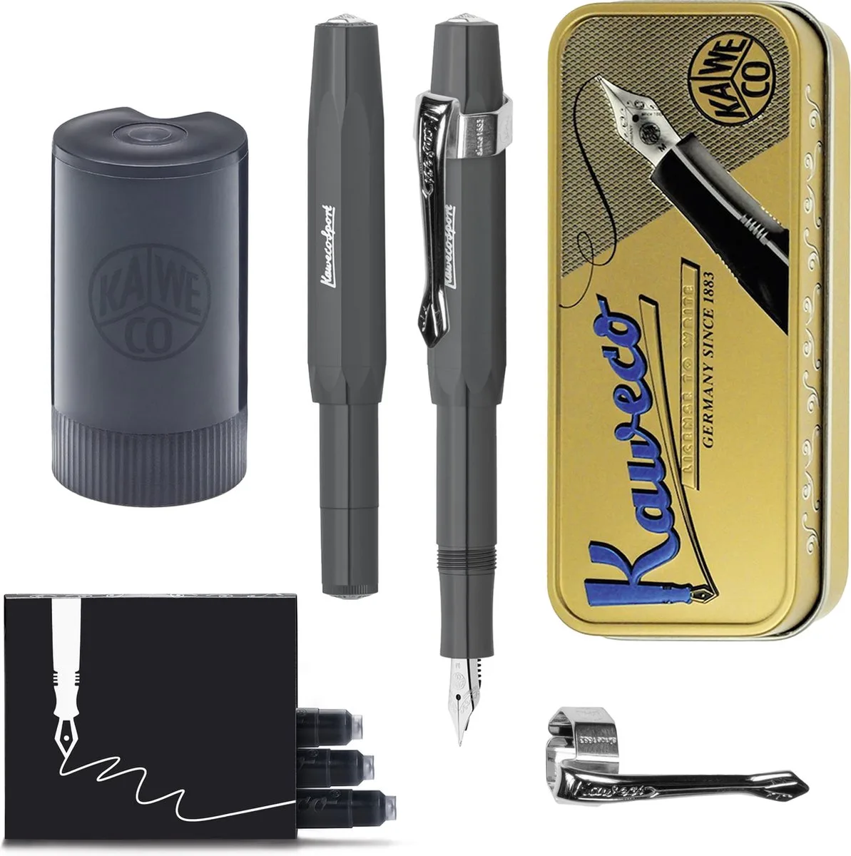 Cadeauset - (5delig) - Vulpen Sport Skyline Fountain Pen - Medium - Vintage blikje - Nostalgic Octagonal Clip Chrome - Gevulde Inkt Patronen houder - Doosje Vullingen van Kaweco in Grijs – productfoto