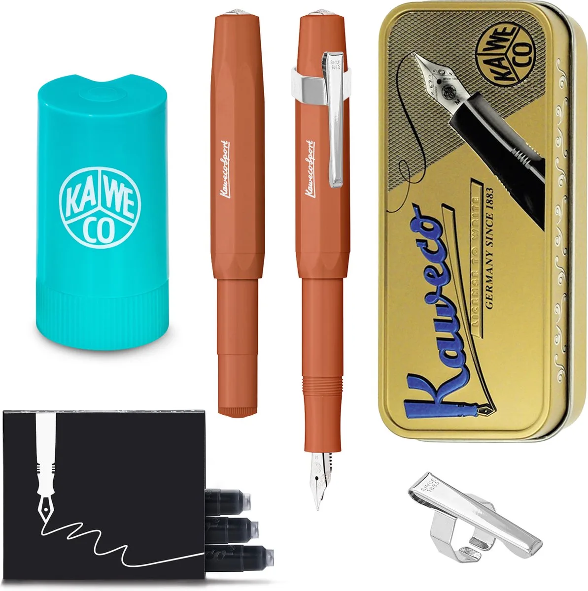 Cadeauset - (5delig) - Vulpen Sport Skyline FOX Fountain Pen - Extra Fine - Oktogonal Clip Chrome - Patronen houder TURKOISE - Vullingen fra Kaweco i Brun – produktbillede