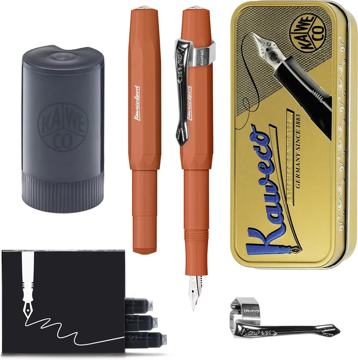 Cadeauset - (5delig) - Vulpen Sport Skyline FOX Fountain Pen - Fine - Vintage blikje - Nostalgic Octagonal Clip Chrome - Gevulde Inkt Patronen houder - Doosje Vullingen de Kaweco en Marron – photo produit