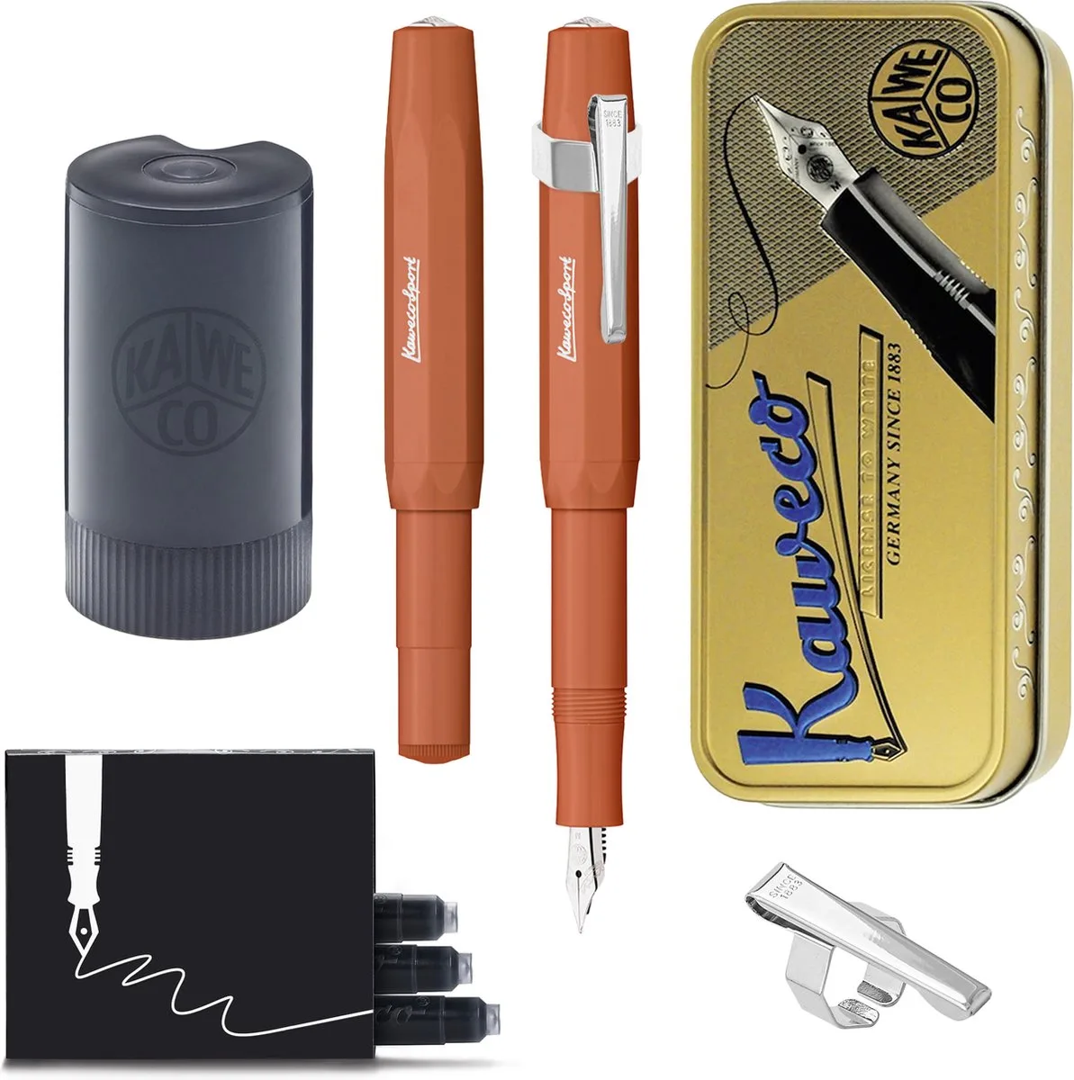Cadeauset - (5delig) - Vulpen Sport Skyline FOX Fountain Pen - Medium - Oktogonal Clip Chrome - Patronen houder zwart - Vullingen fra Kaweco i Brun – produktbillede