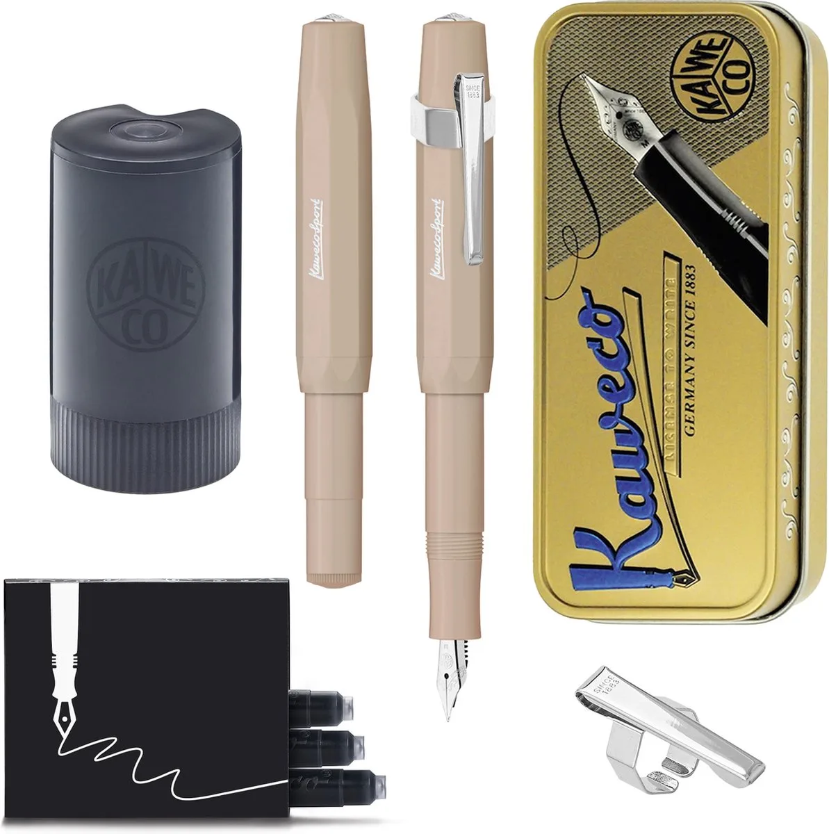 Cadeauset - (5delig) - Vulpen Sport Skyline Macchiato Fountain Pen - Medium - Oktogonal Clip Chrome - Patronen houder zwart - Vullingen fra Kaweco i Brun – produktbillede