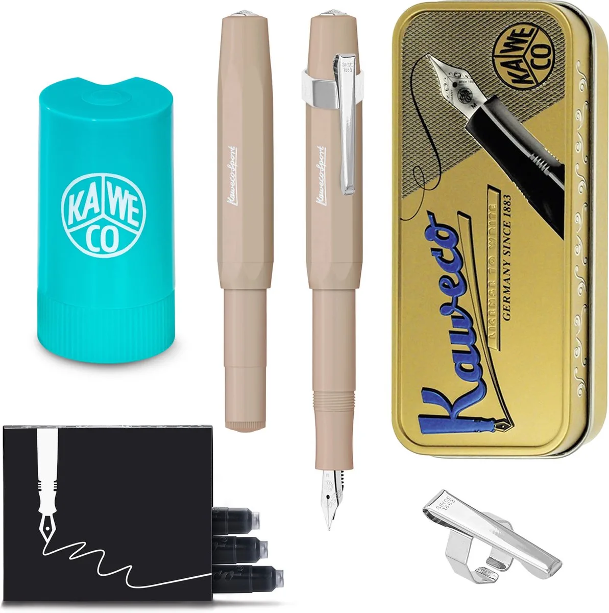 Cadeauset - (5delig) - Vulpen Sport Skyline Macchiato Fountain Pen - Medium - Oktogonal Clip Chrome - Patronen houder TURKOISE - Vullingen fra Kaweco i Brun – produktbillede
