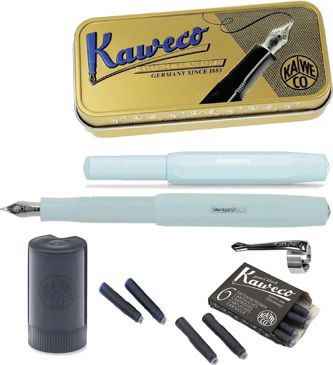 Cadeauset (5delig) Vulpen Sport Skyline Mint Fountain Pen - Medium fra Kaweco i Blå – produktbillede