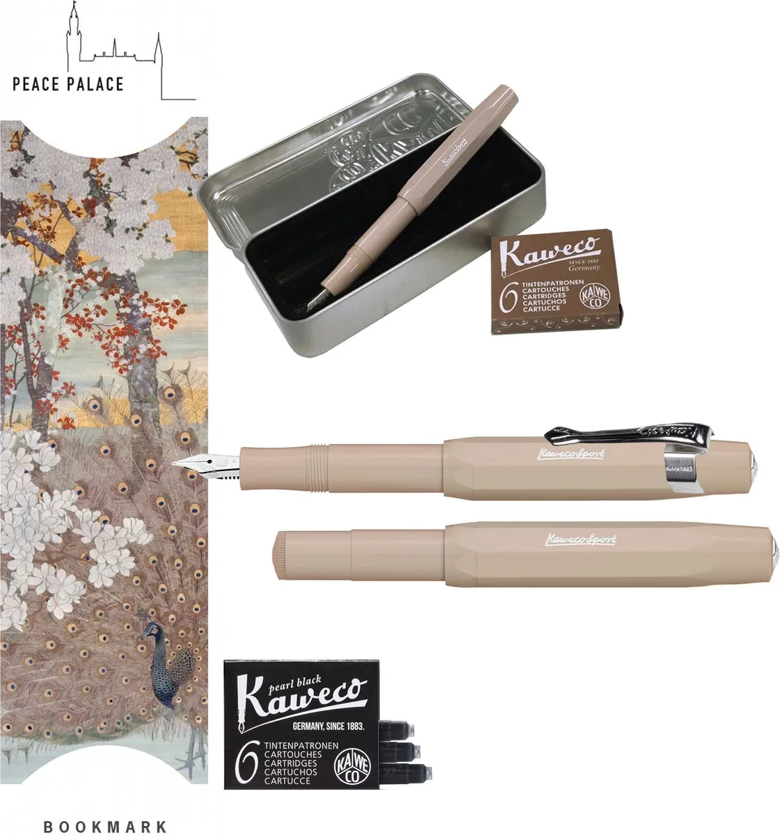 Cadeauset (6 delig) Blikje, Vulpen bruin M, Clip, Boekenlegger Peace Palace bruin, 2 doosjes vullingen fra Kaweco i Brun – produktbillede