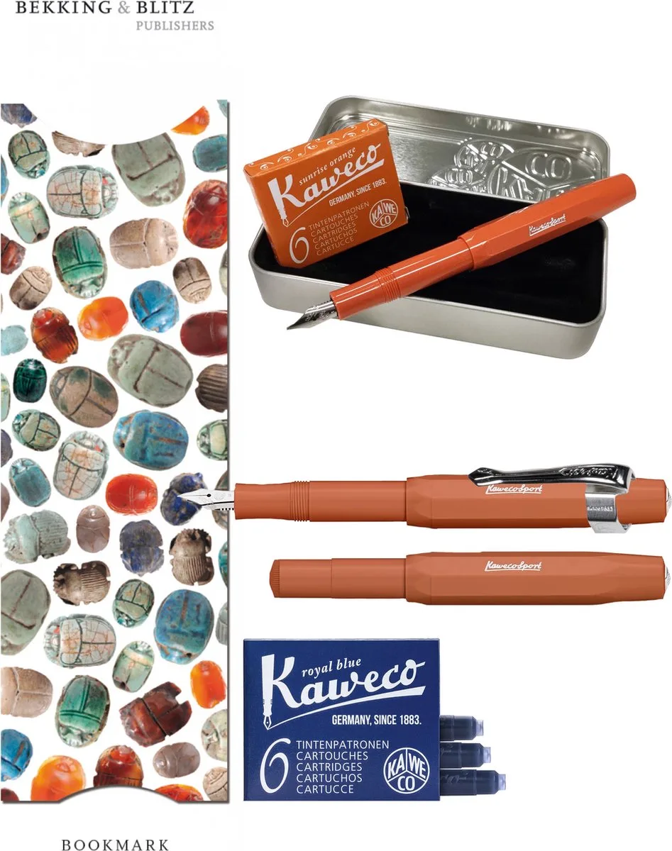 Cadeauset (6 delig) Blikje, Vulpen Fox M, Clip, Boekenlegger Scarabee, 2 doosjes vullingen fra Kaweco i Rød – produktbillede