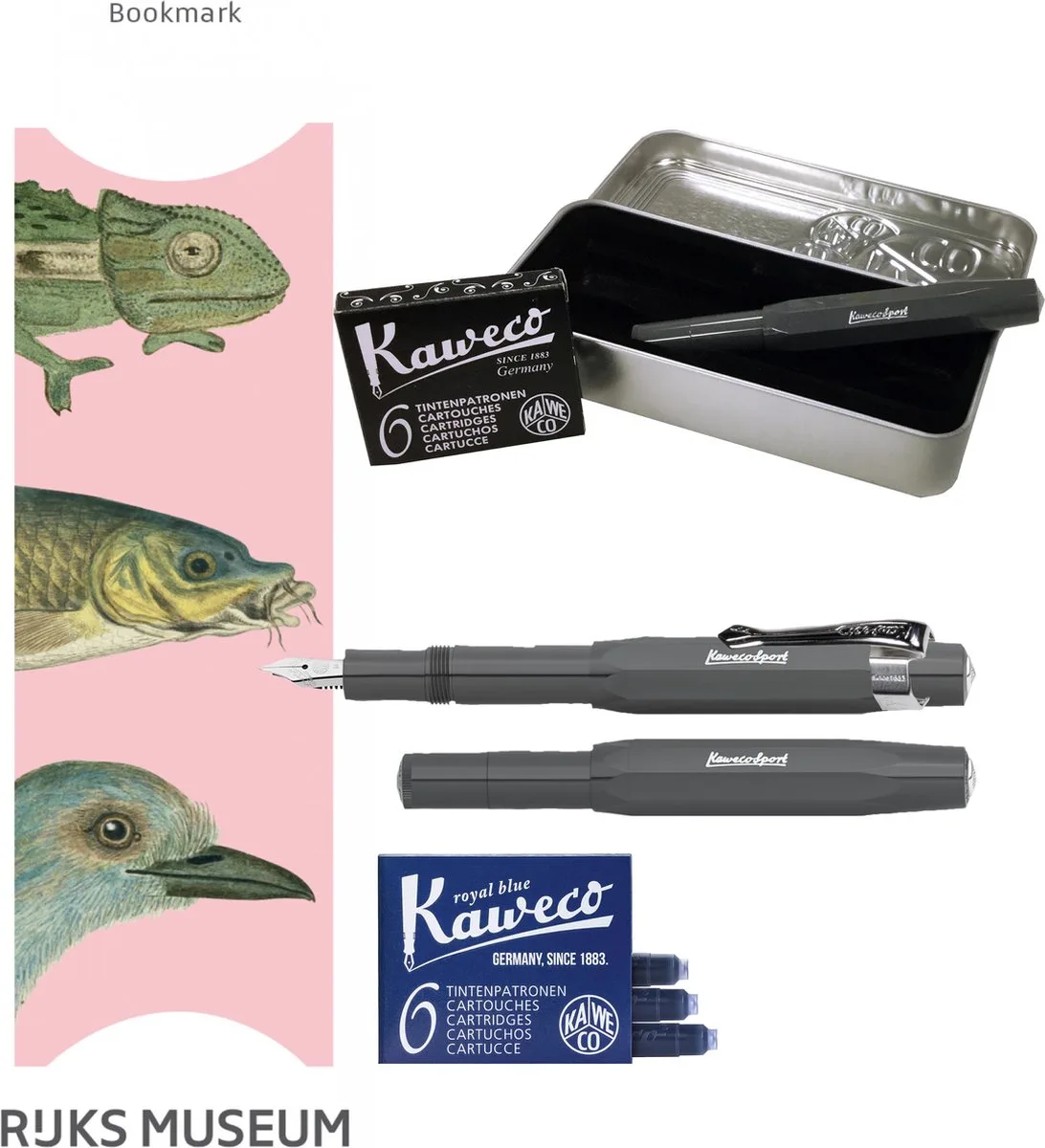 Cadeauset (6 delig) Blikje, Vulpen grey M, Clip, Boekenlegger 3 dieren, 2 doosjes vullingen fra Kaweco i Grå – produktbillede