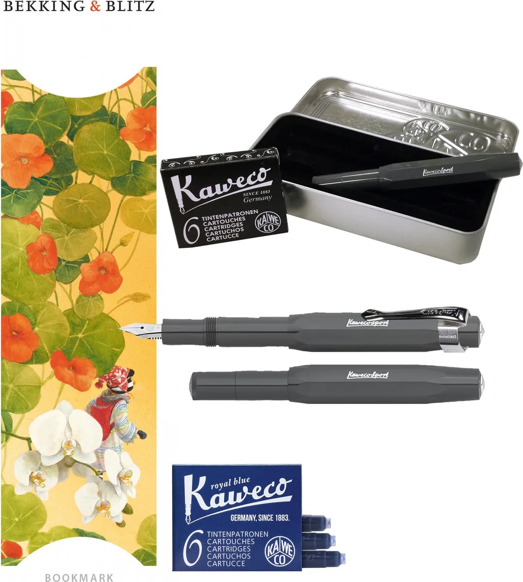 Cadeauset (6 delig) Blikje, Vulpen grey M, Clip, Boekenlegger Oost-indische kers, 2 doosjes vullingen fra Kaweco i Grå – produktbillede