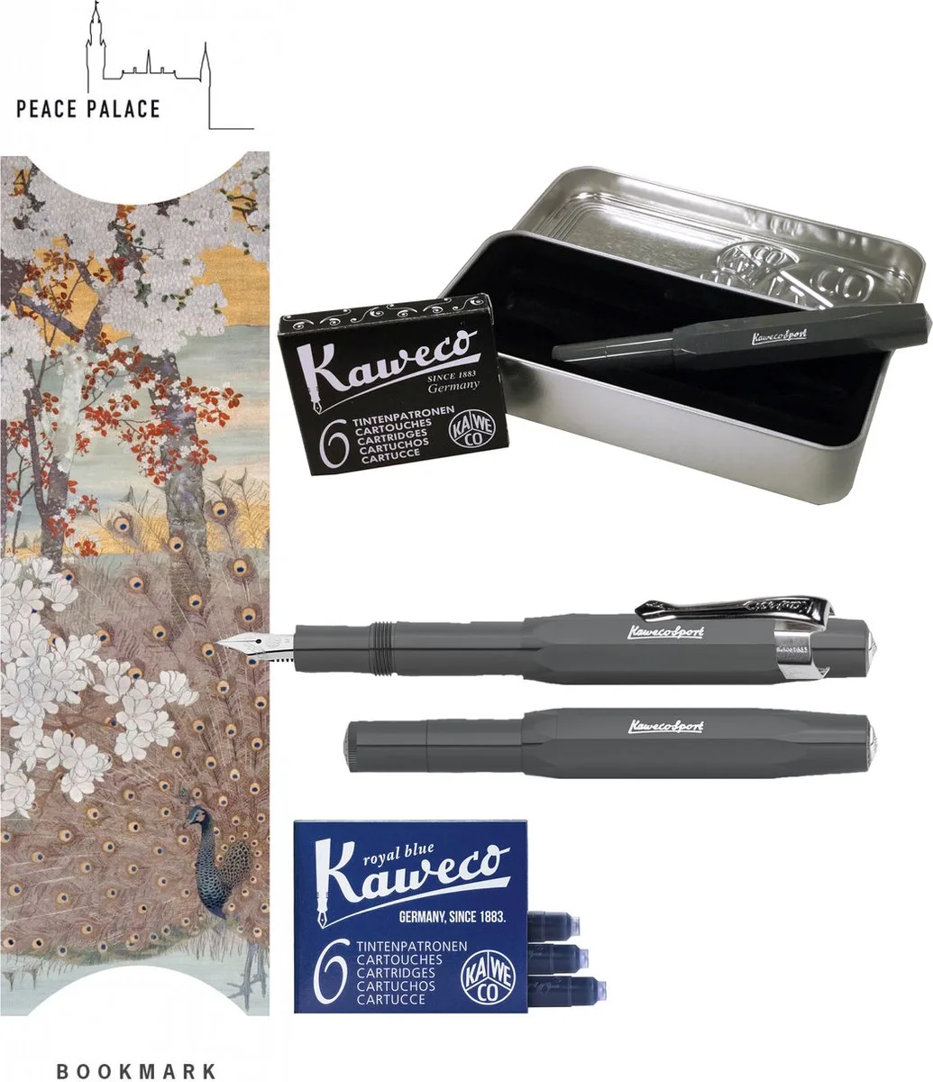 Cadeauset (6 delig) Blikje, Vulpen grey M, Clip, Boekenlegger Peace Palace bruin, 2 doosjes vullingen fra Kaweco i Grå – produktbillede