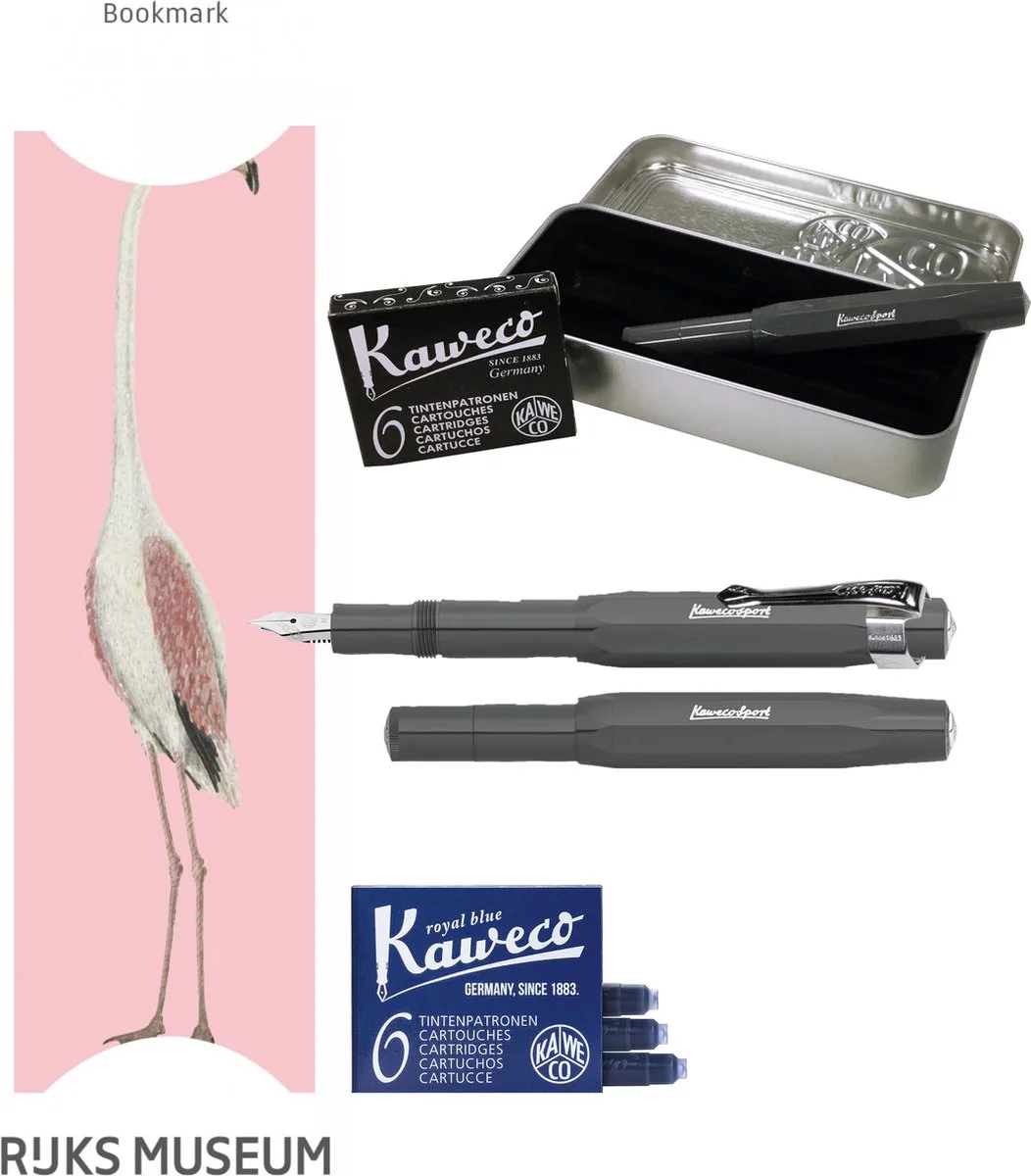 Cadeauset (6 delig) Blikje, Vulpen grey M, Clip, Boekenlegger vogel, 2 doosjes vullingen fra Kaweco i Grå – produktbillede