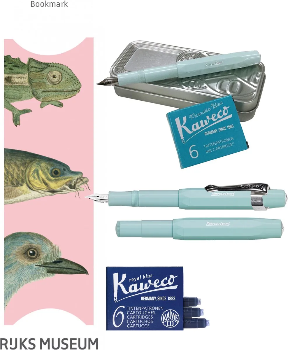 Cadeauset (6 delig) Blikje, Vulpen M, Clip, Boekenlegger 3 dieren, 2 doosjes vullingen fra Kaweco i Mint – produktbillede