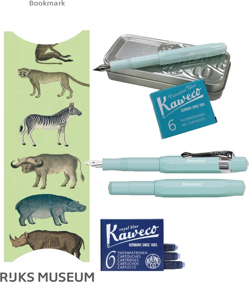 Cadeauset (6 delig) Blikje, Vulpen M, Clip, Boekenlegger dieren, 2 doosjes vullingen fra Kaweco i Mint – produktbillede